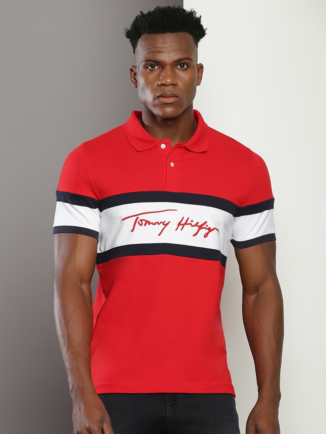 

Tommy Hilfiger Typography Printed Polo Collar Slim Fit Cotton Casual T-shirt, Red