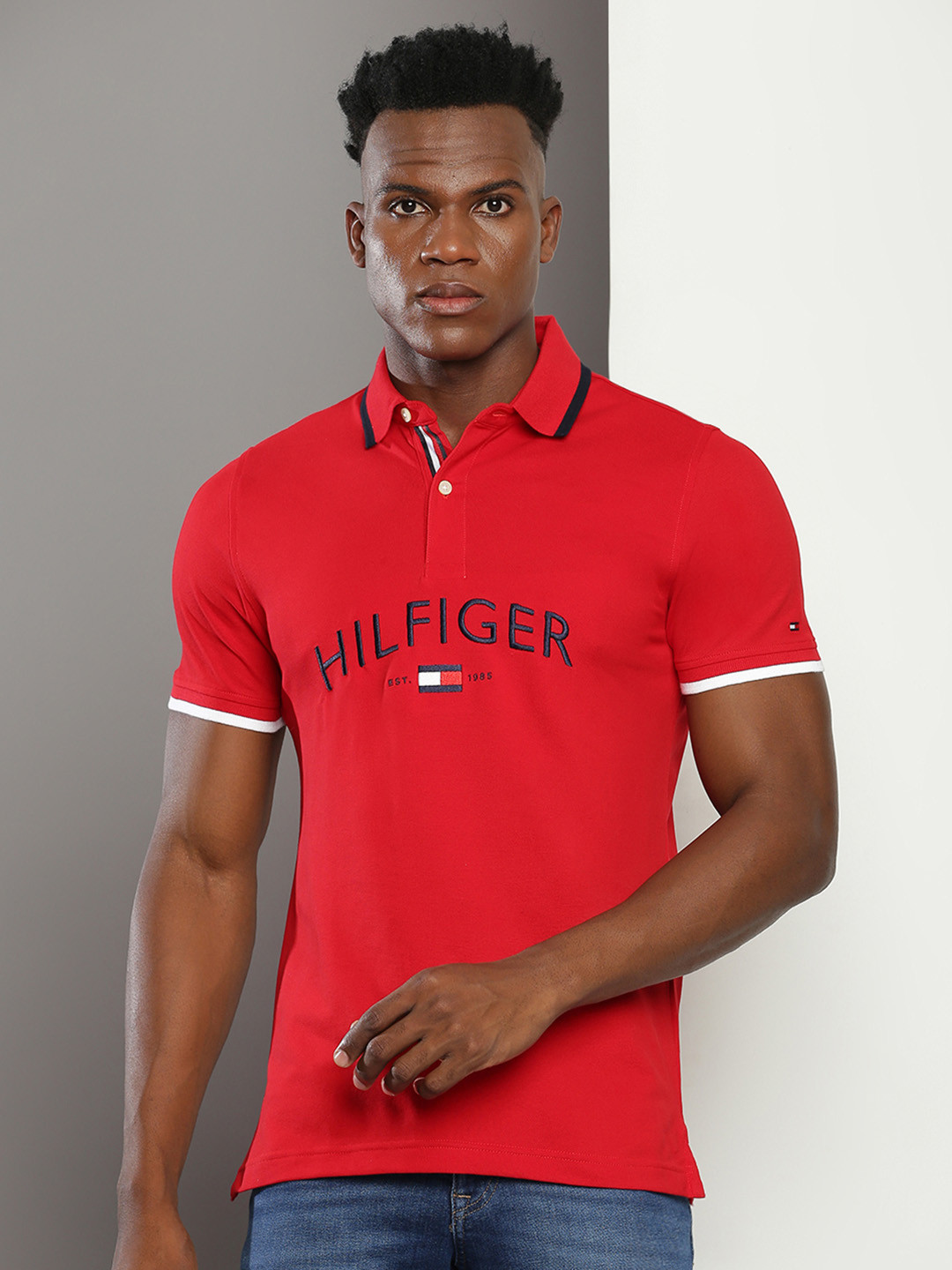 

Tommy Hilfiger Typography Printed Polo Collar Slim Fit T-shirt, Red