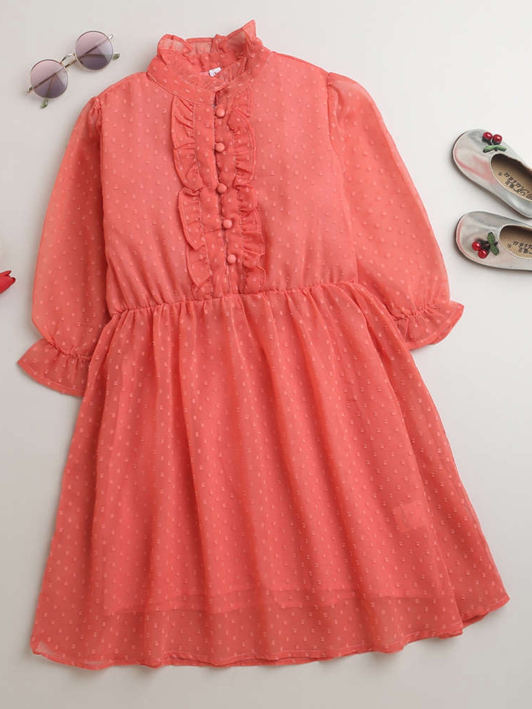 

KiddoPanti Girls Self Design Mandarin Collar Puff Sleeves Ruffled A-Line Dress, Pink