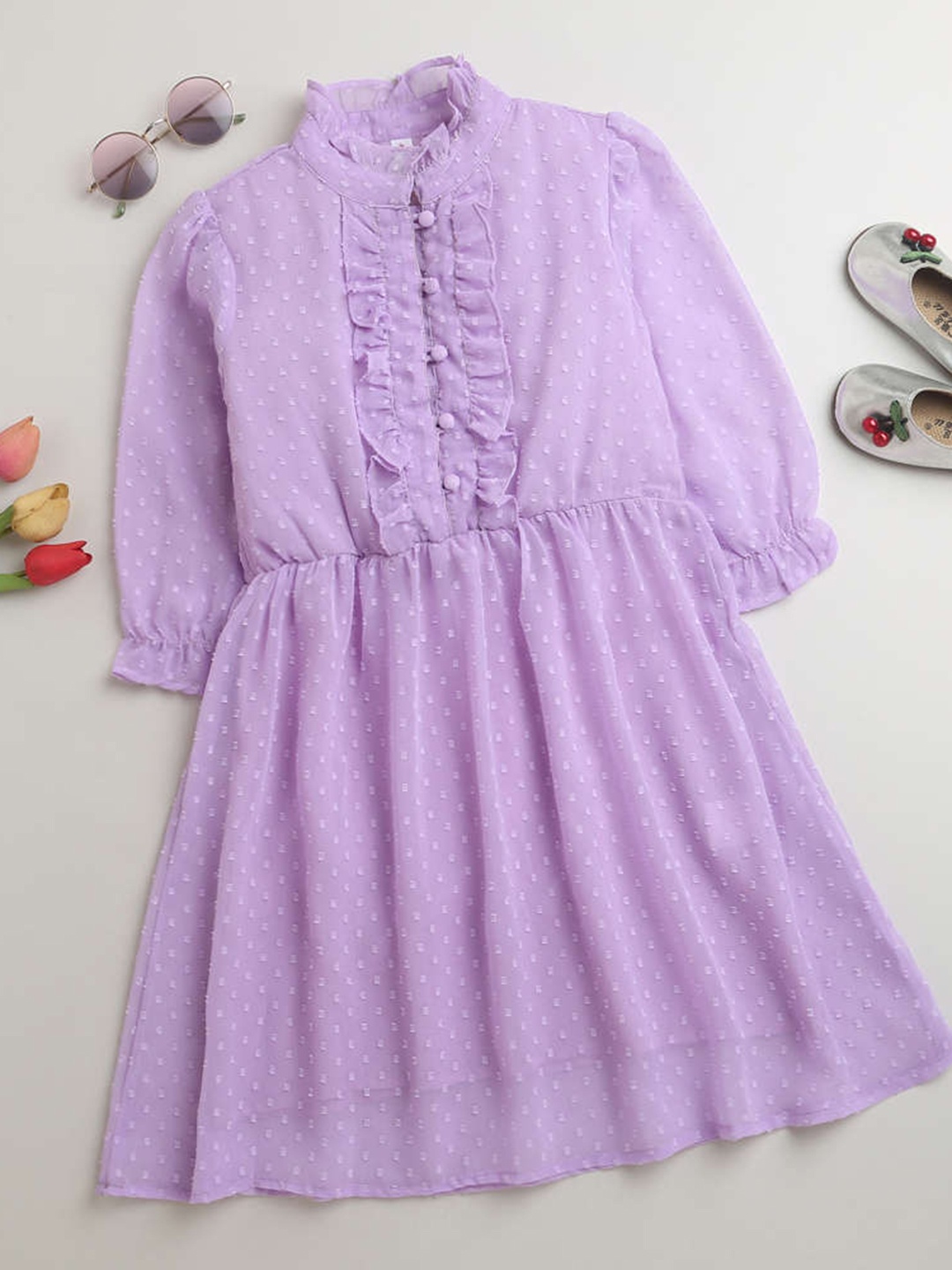 

KiddoPanti Girls Self Design Mandarin Collar Puff Sleeves Ruffled A-Line Dress, Purple