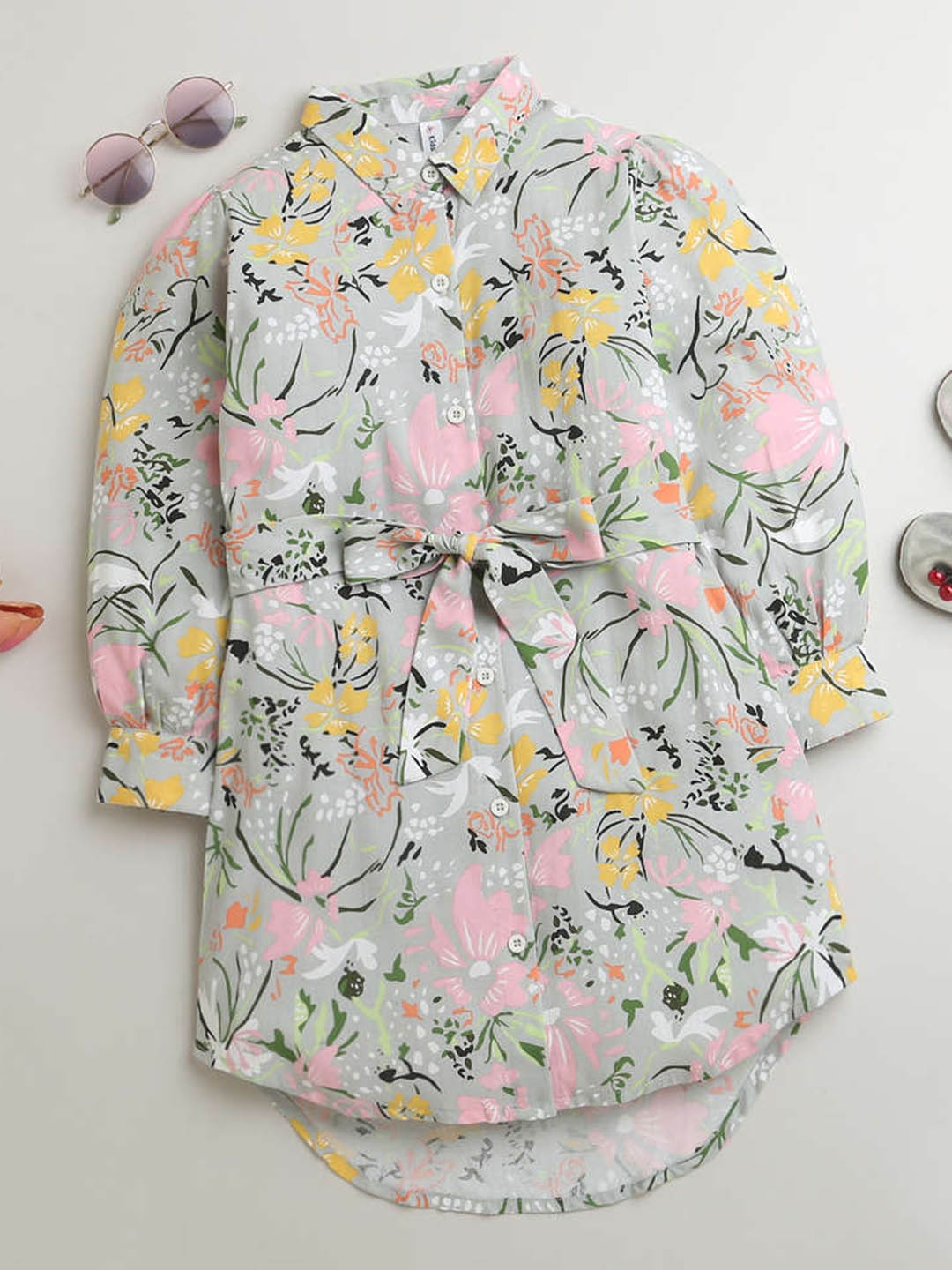 

KiddoPanti Girls Floral Printed Tie-Up Shirt Style Dress, Grey