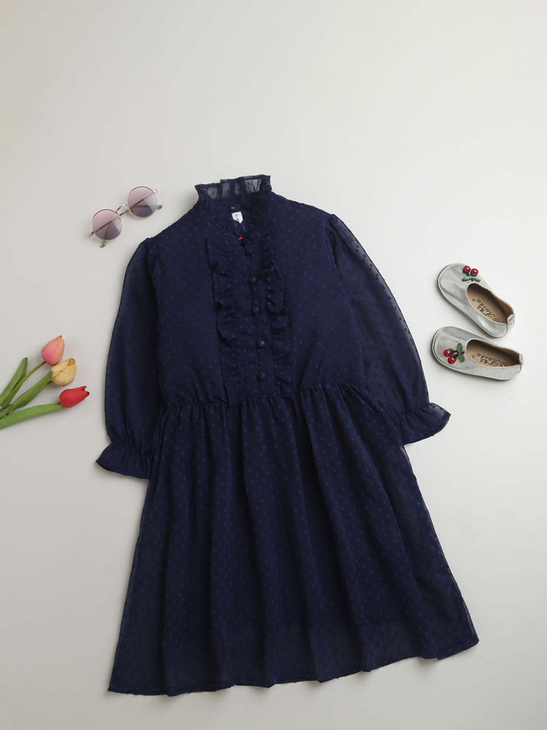 

KiddoPanti Girls Self Design Mandarin Collar Puff Sleeves Ruffled A-Line Dress, Navy blue