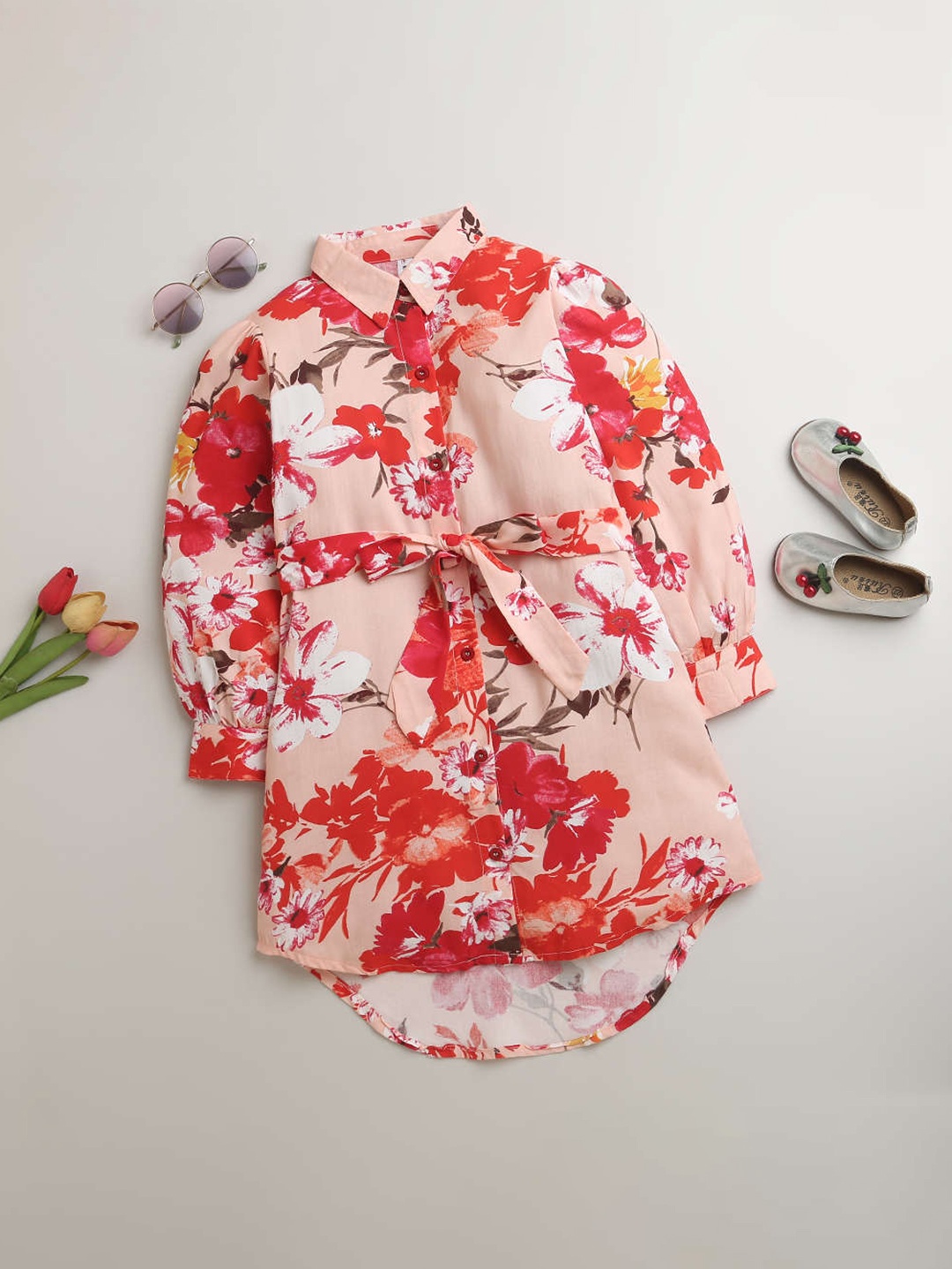 

KiddoPanti Girls Floral Printed Tie-Up Shirt Style Dress, Peach
