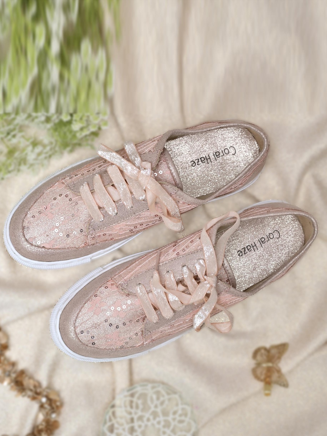

Coral Haze Women Valencia Embellished Comfort Sole Contrast Sole Sneakers, Peach