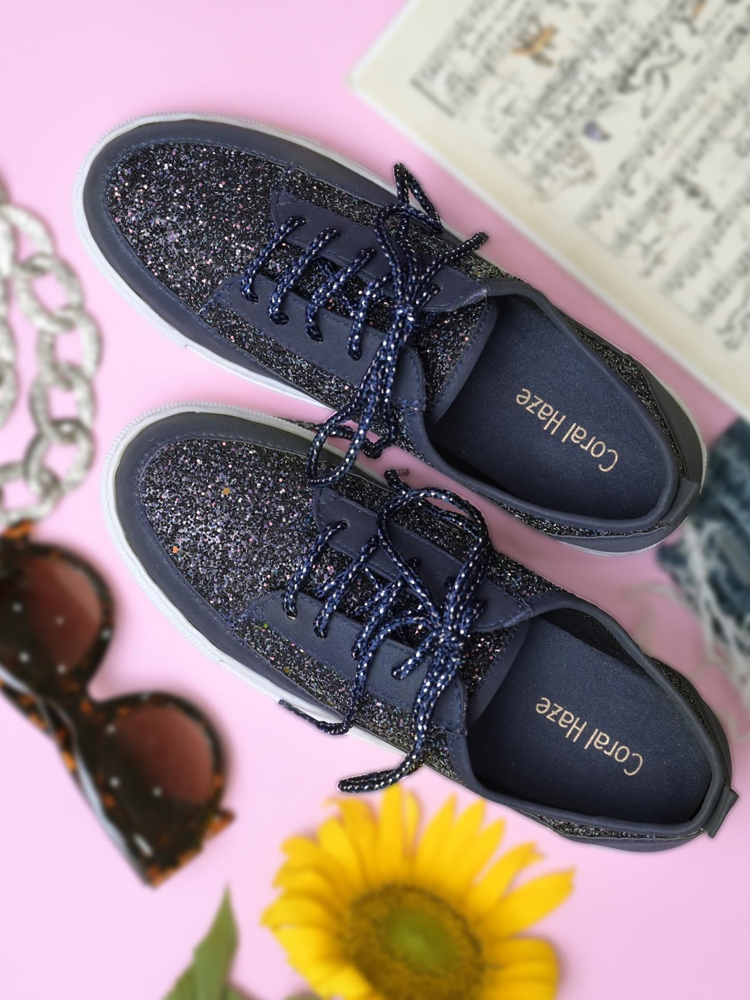 

Coral Haze Women Georgina Textured Embellished Comfort Sole Contrast Sole Sneakers, Navy blue