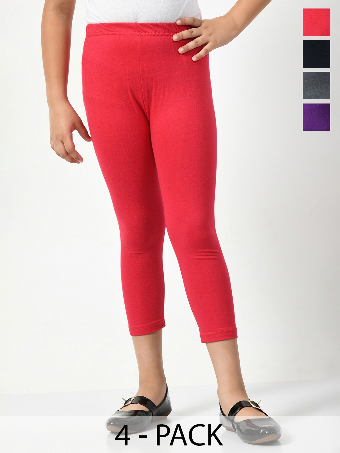 

BAESD Girls Pack Of 4 Skinny Fit Cotton Lycra Capris, Red