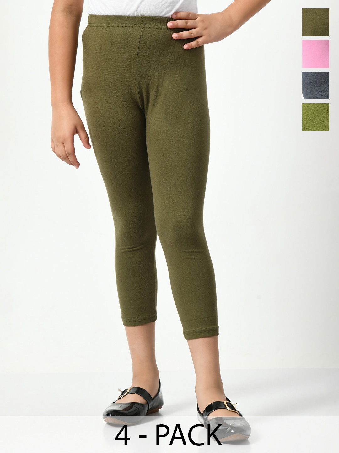 

BAESD Girls Pack Of 4 Skinny Fit Cotton Lycra Capris, Olive