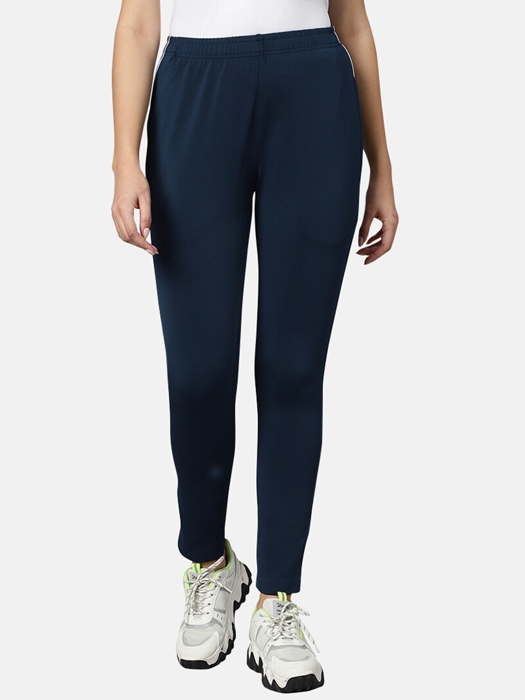 

Omtex Women Mid-Rise Side Striped Track Pants, Navy blue