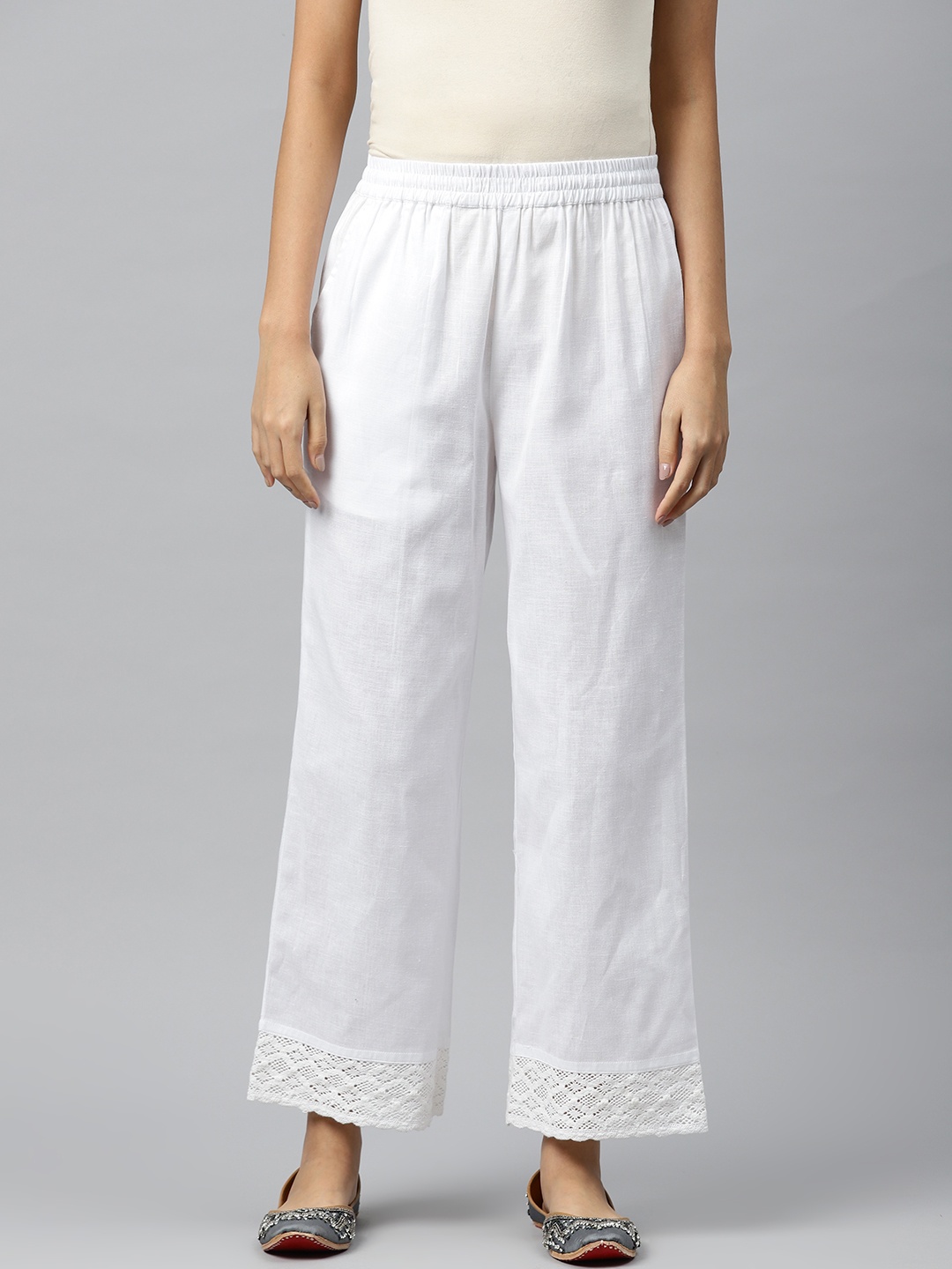

PIROH Women Hem Design Ethnic Cotton Palazzos, White