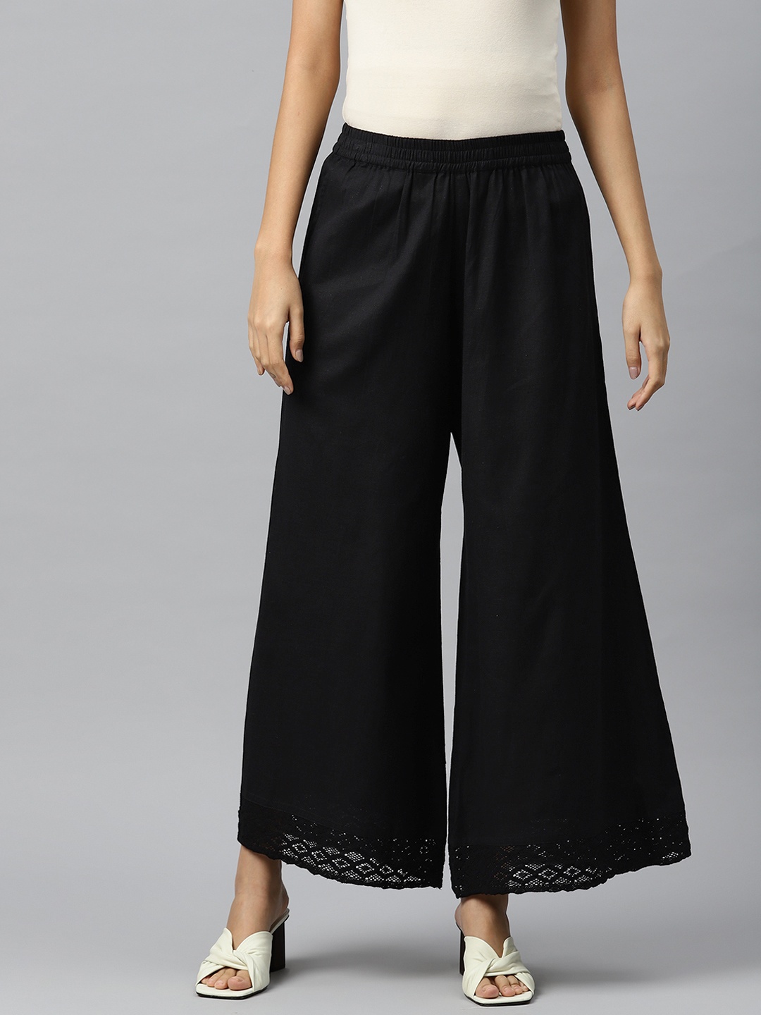 

PIROH Women Hem Design Flared Ethnic Cotton Palazzos, Black