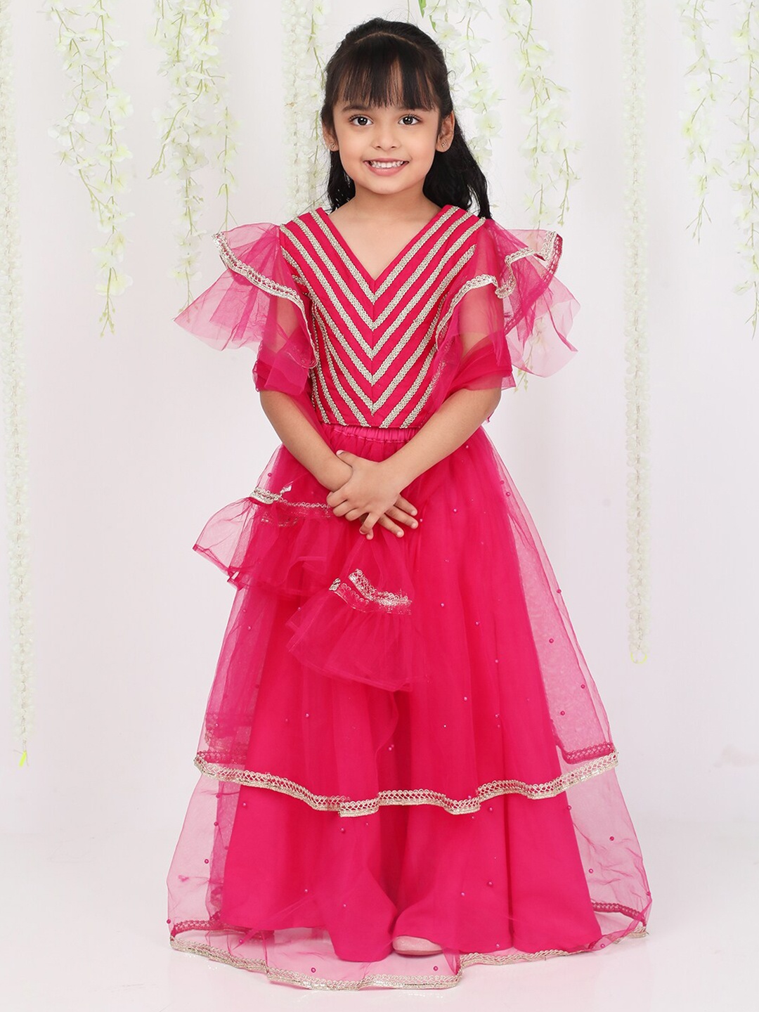 

KID1 Girls V-Neck Embroidered Gotta Patti Lehenga & Blouse With Dupatta, Pink