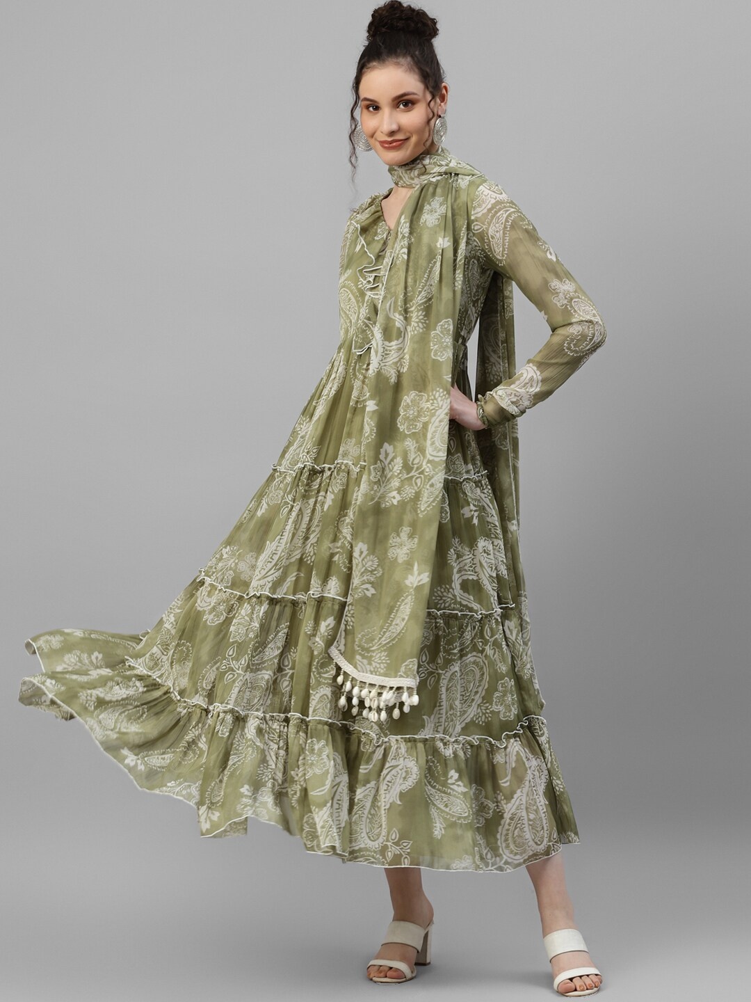 

DEEBACO Ethnic Motifs Printed Ethnic Dress With Dupatta, Olive