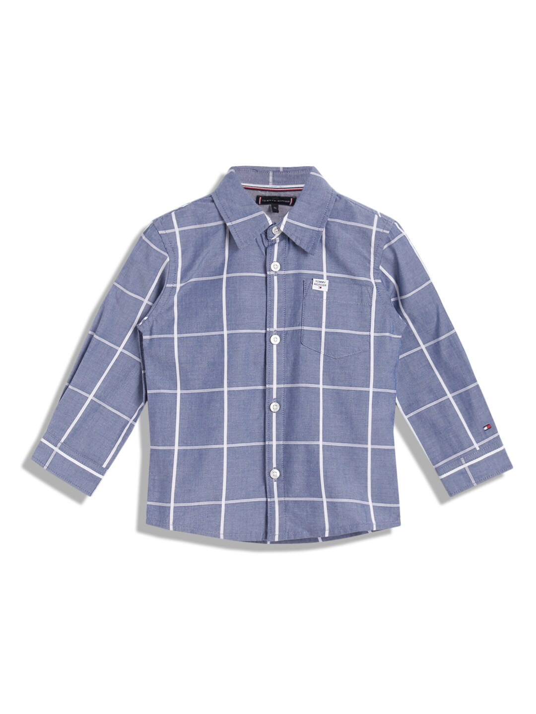 

Tommy Hilfiger Boys Windowpane Checked Spread Collar Opaque Cotton Casual Shirt, Blue