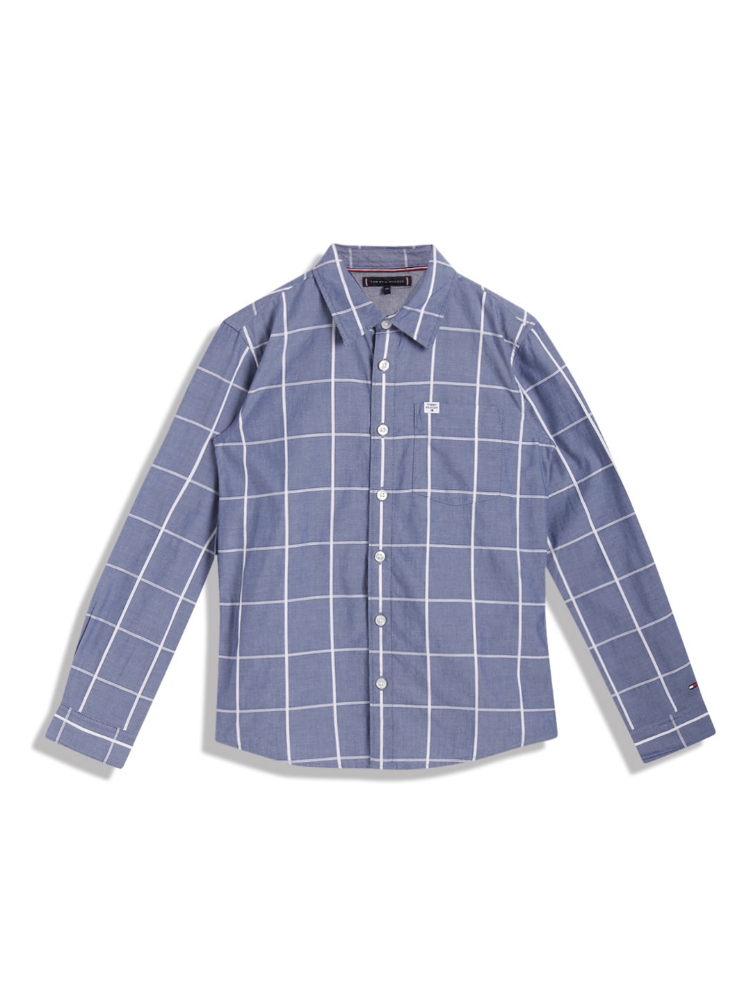 

Tommy Hilfiger Boys Windowpane Checked Spread Collar Opaque Cotton Casual Shirt, Blue