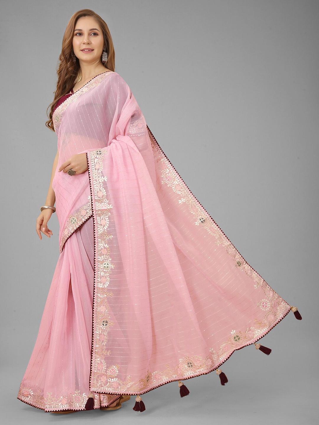 

N N ENTERPRISE Embellished Embroidered Net Saree, Rose