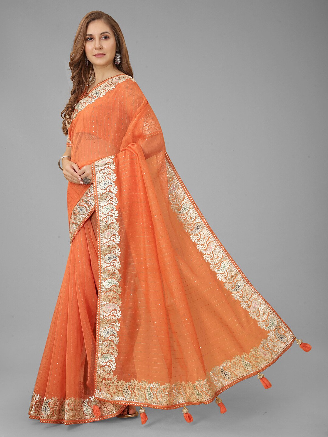 

N N ENTERPRISE Embellished Sequinned Net Saree, Orange