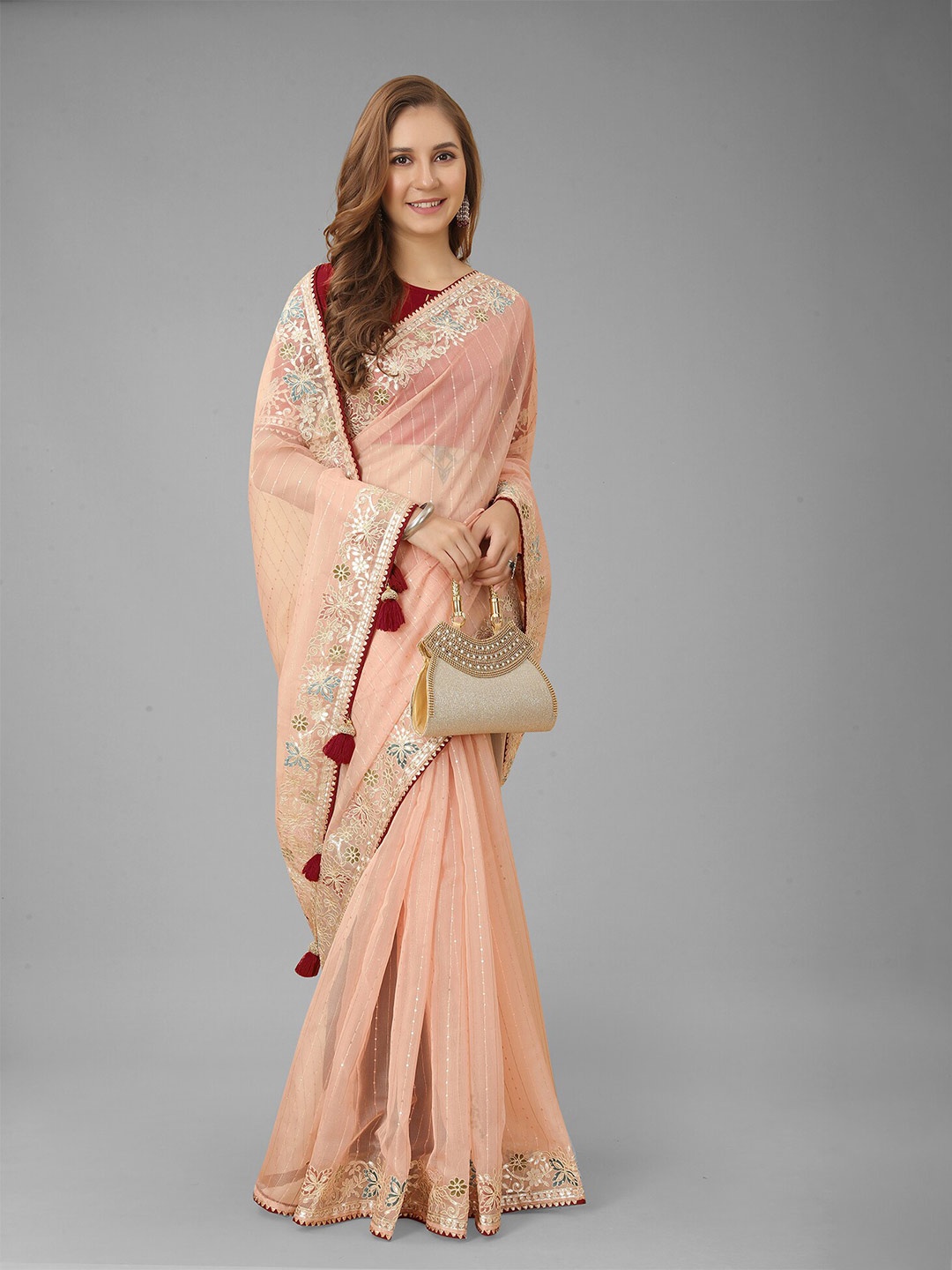 

N N ENTERPRISE Embellished Embroidered Net Saree, Peach