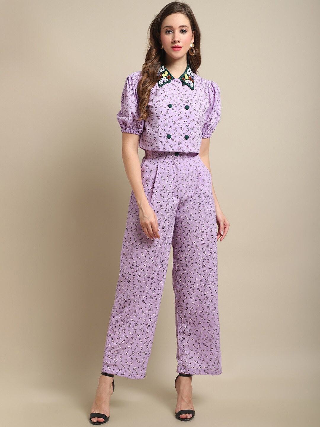 

BLANC9 Floral Printed Sequinned Top & Palazzos Co-Ords Set, Lavender