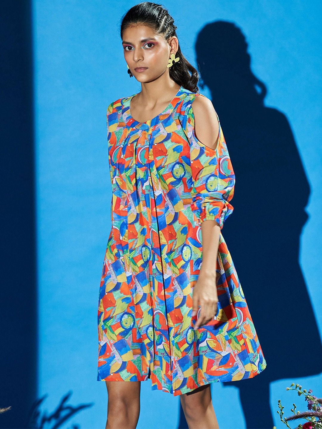 RAISIN Abstract Printed Cold-Shoulder Sleeves Pleated Georgette A-Line Dress, Blue