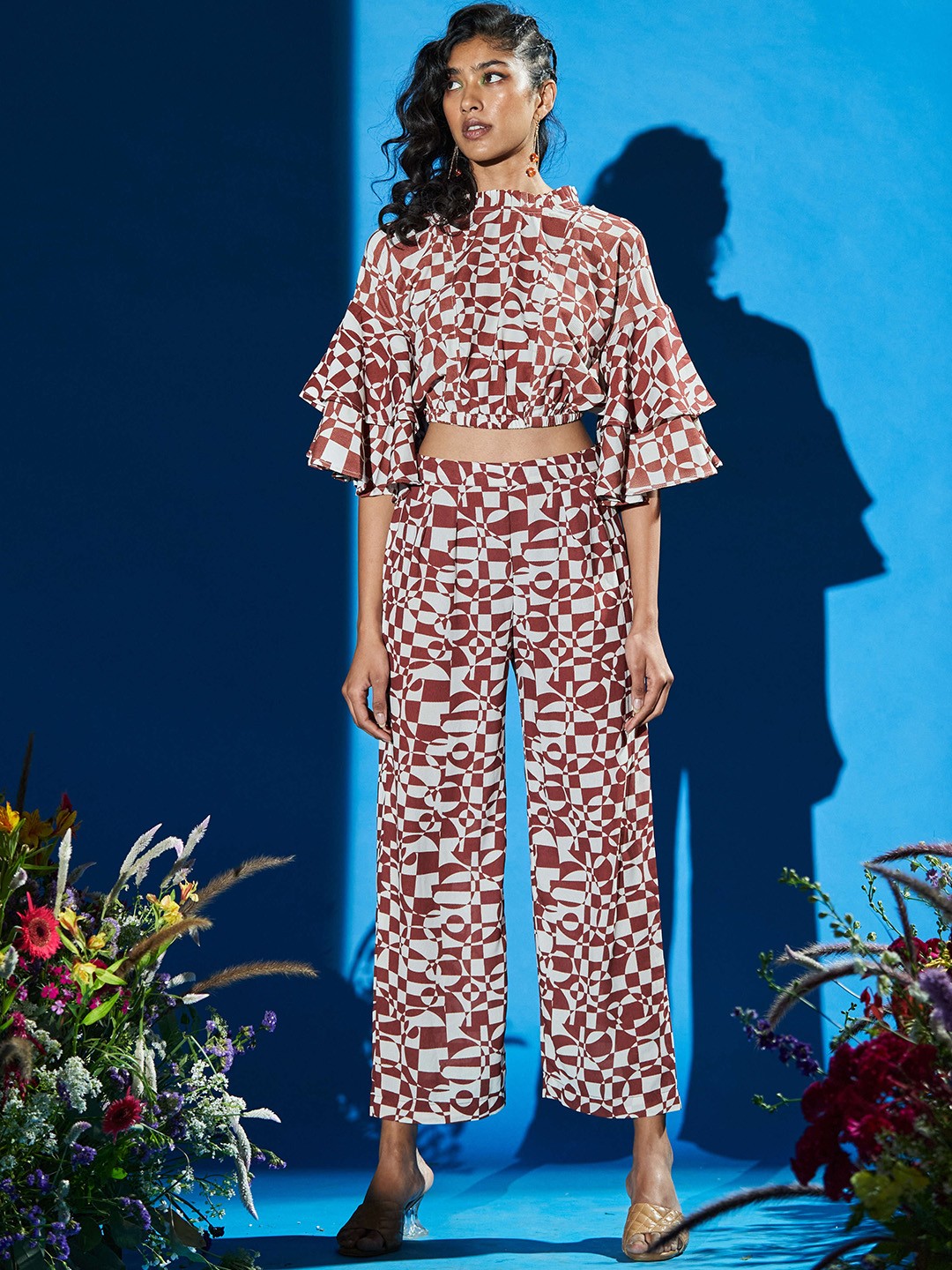 

RAISIN Abstract Printed Top With Trouser Co-Ords, Brown