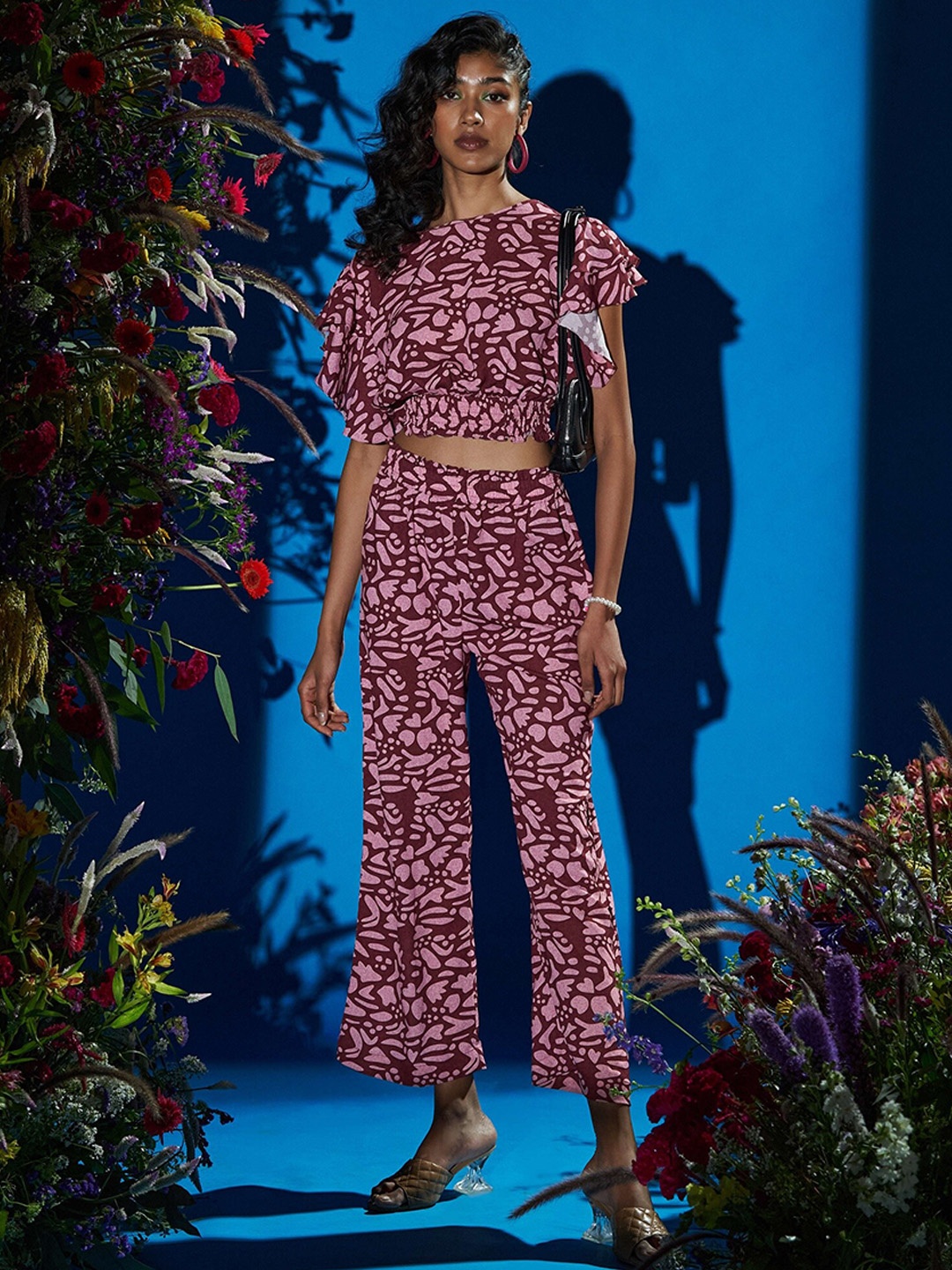 

RAISIN Abstract Printed Top With Trouser Co-Ords, Maroon