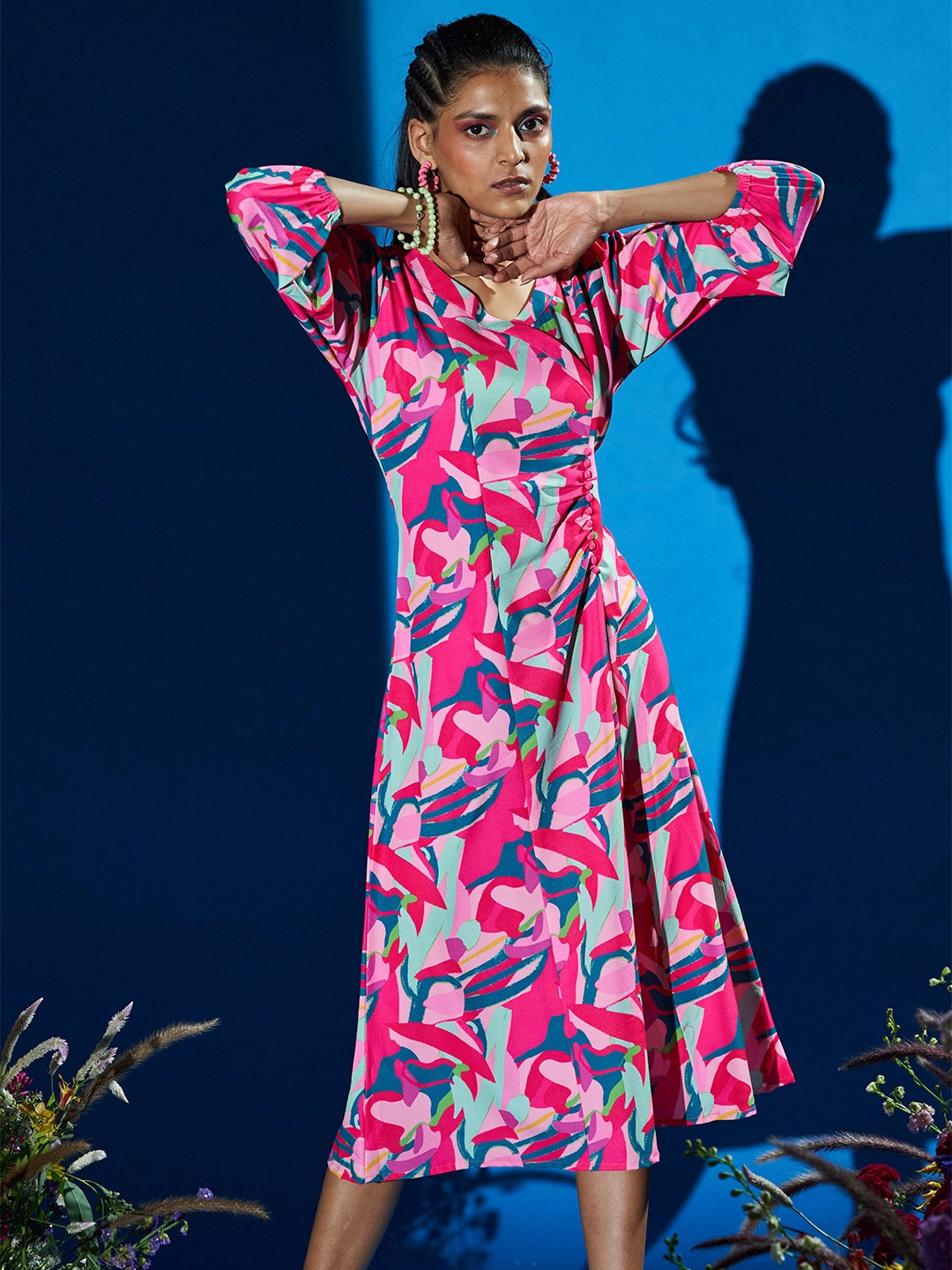 RAISIN Floral Printed V-Neck Puff Sleeve Georgette A-Line Dress, Pink