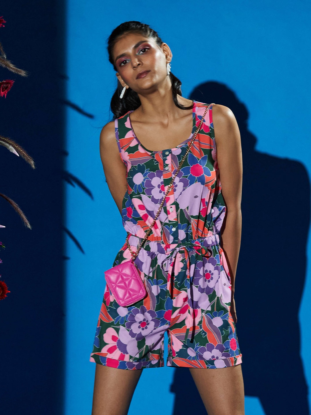

RAISIN Floral Printed Waist Tie-ups Playsuit, Purple