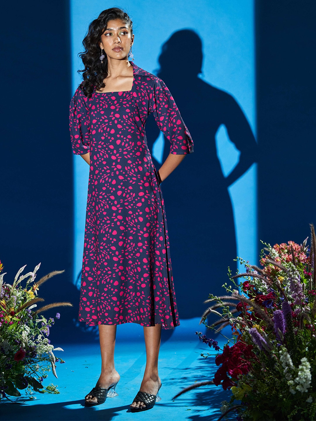 RAISIN Abstract Printed Square Neck Georgette A-Line Dress, Navy blue