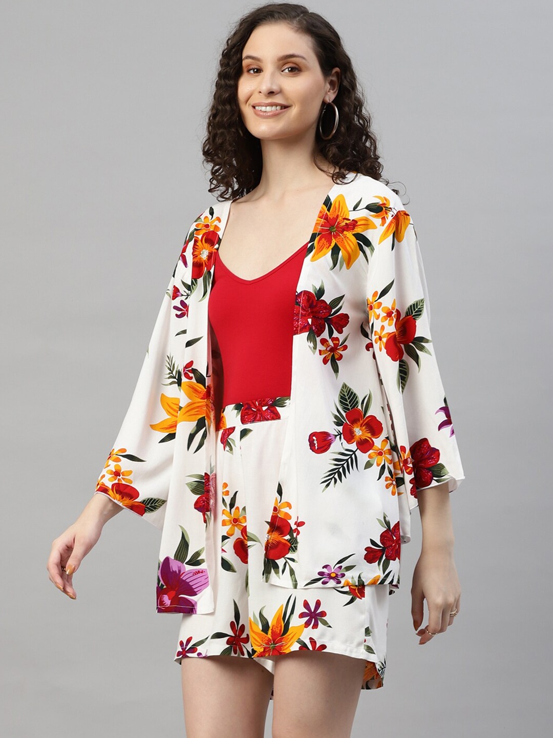 

DEEBACO Floral Printed Open Front Coat With Shorts, White