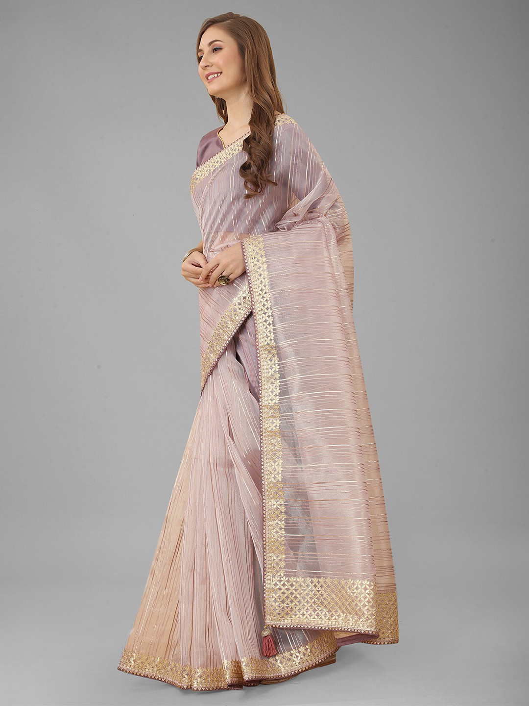 

N N ENTERPRISE Striped Embroidered Net Saree, Purple