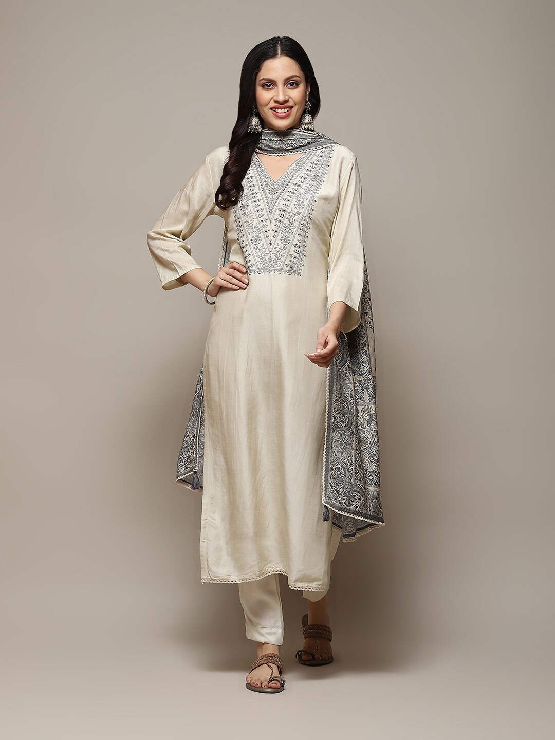 

Biba Floral Embroidered Linen Unstitched Dress Material, Off white