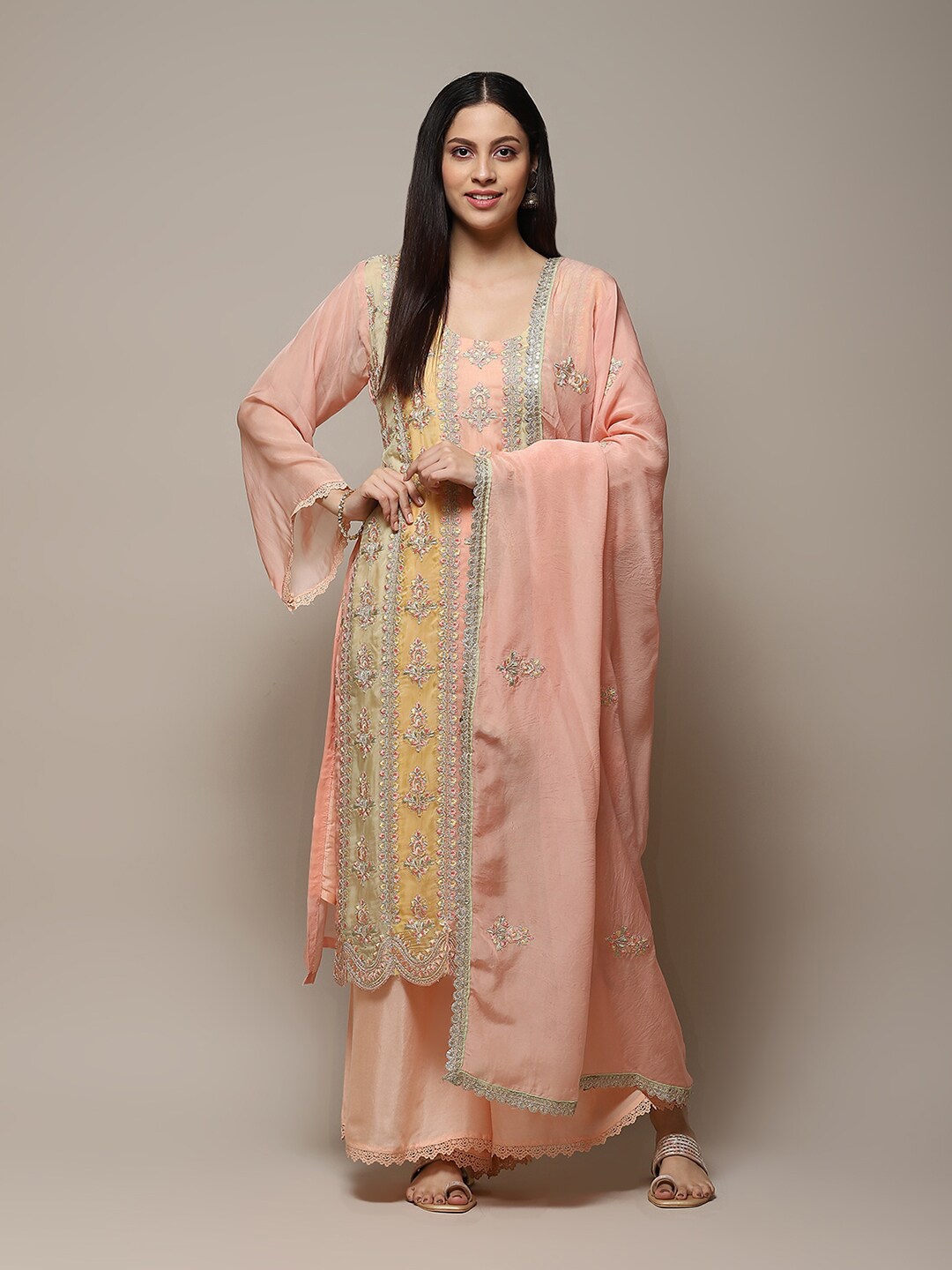 

Biba Ethnic Motifs Embroidered Organza Unstitched Dress Material, Peach