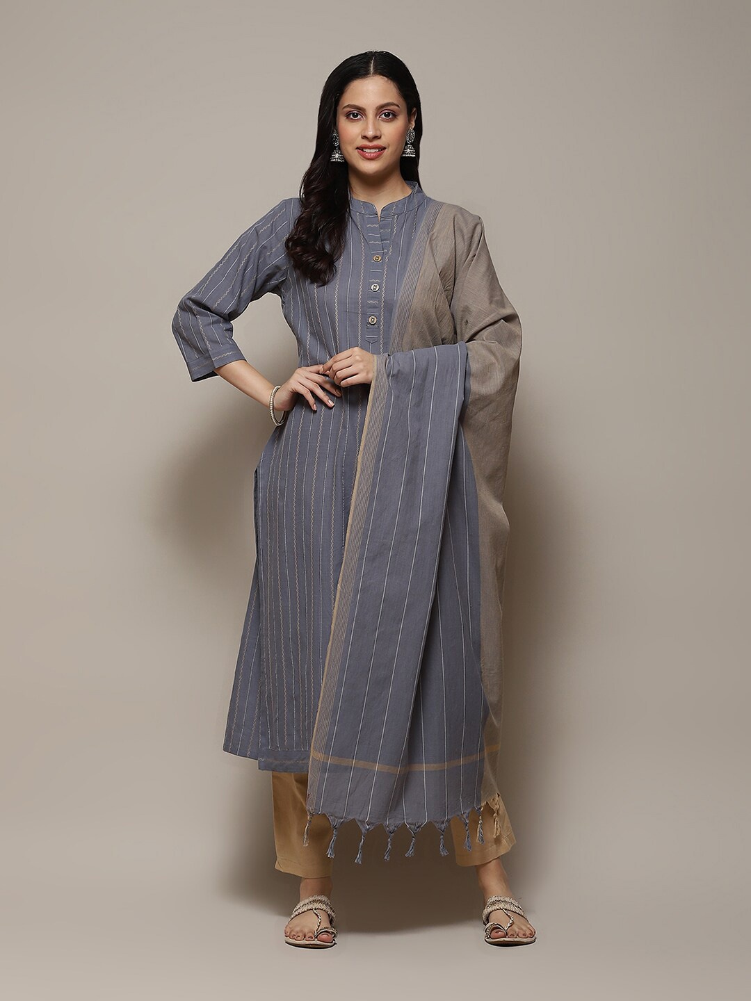 

Biba Striped Unstitched Dress Material, Grey