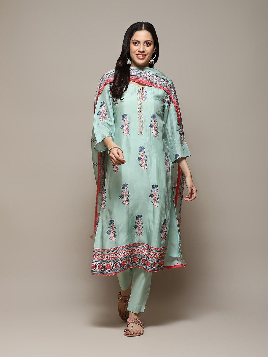 

Biba Floral Printed Gotta Patti Unstitched Dress Material, Blue