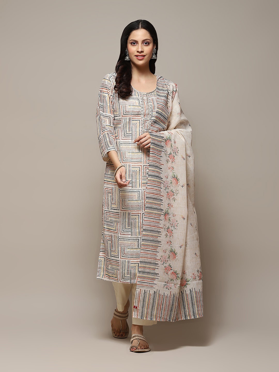 

Biba Abstract Printed Linen Unstitched Dress Material, Beige