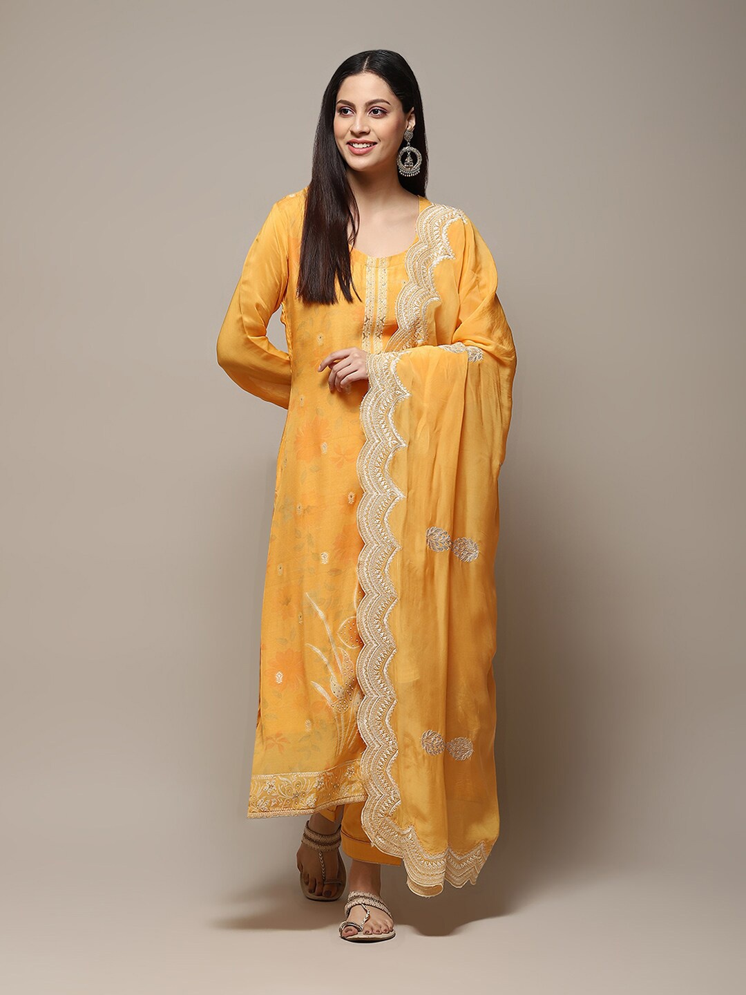 

Biba ethnic Motifs Printed Linen Unstitched Dress Material, Mustard