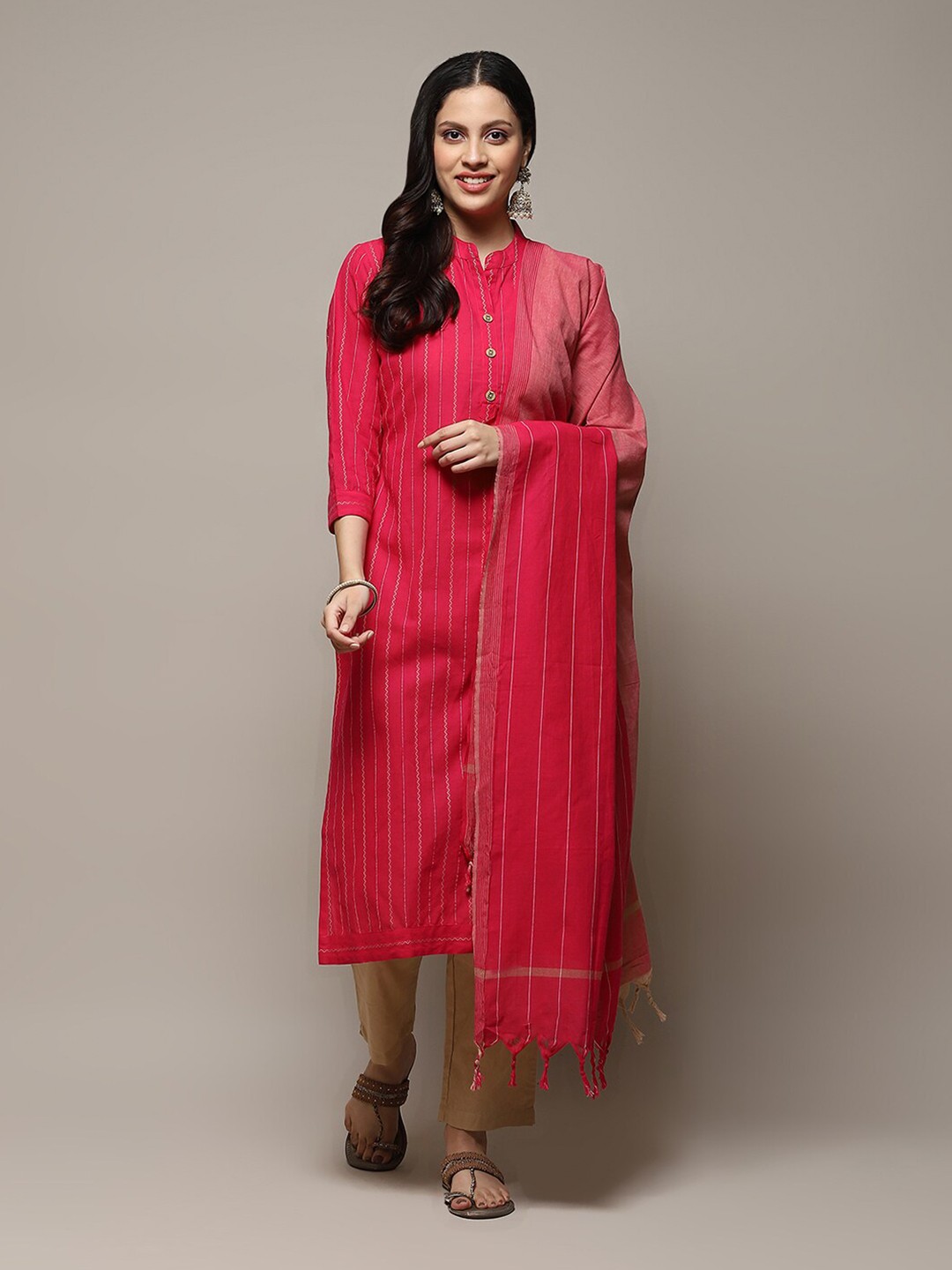 

Biba striped Unstitched Dress Material, Pink