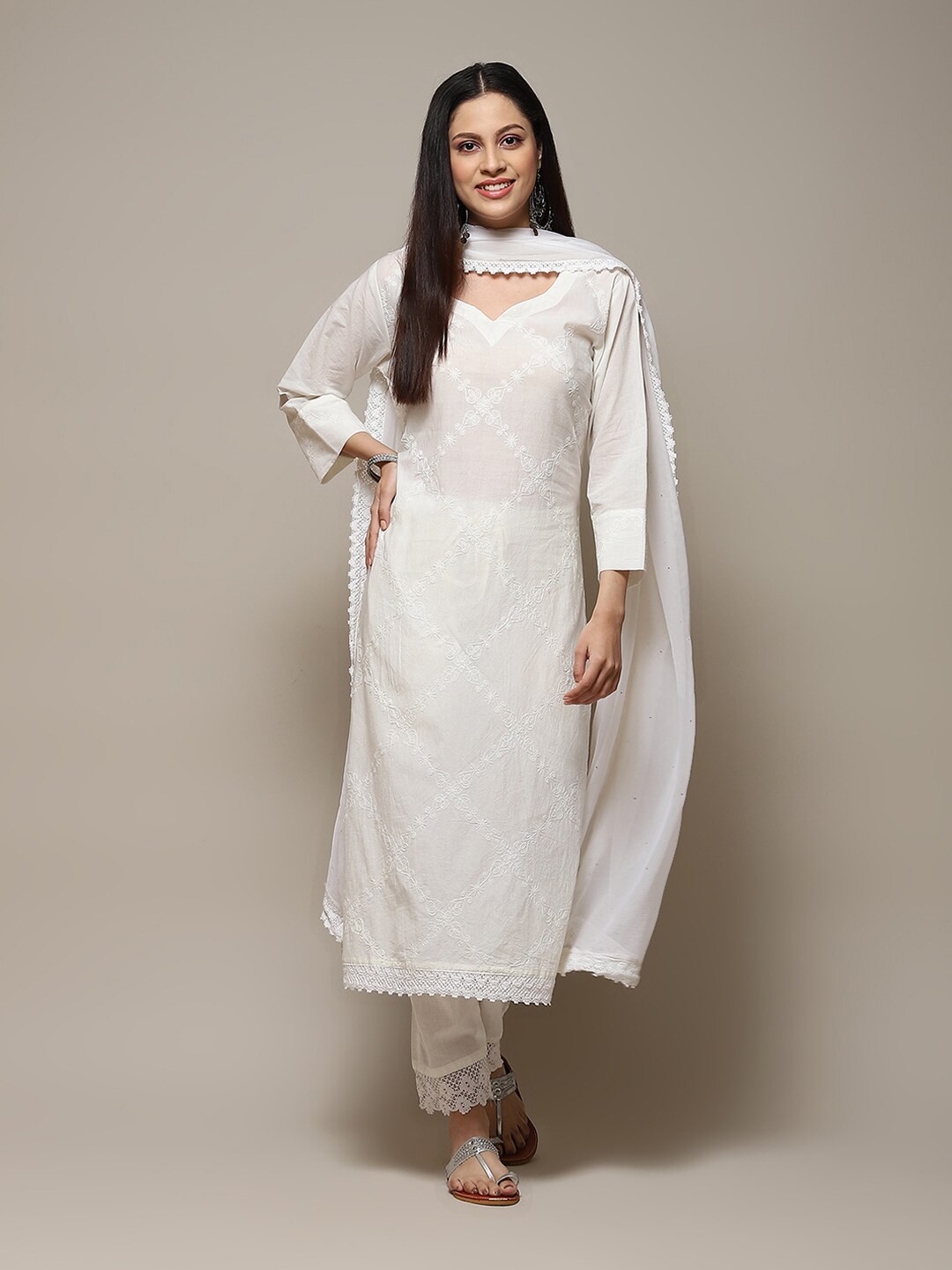 

Biba Floral Embroidered Unstitched Dress Material, Off white