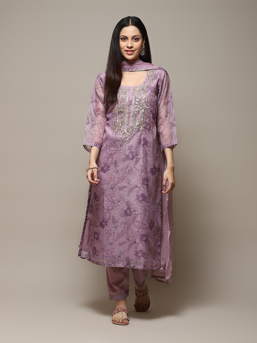 

Biba Floral Printed Zardozi & Gotta Patii Unstitched Dress Material, Purple