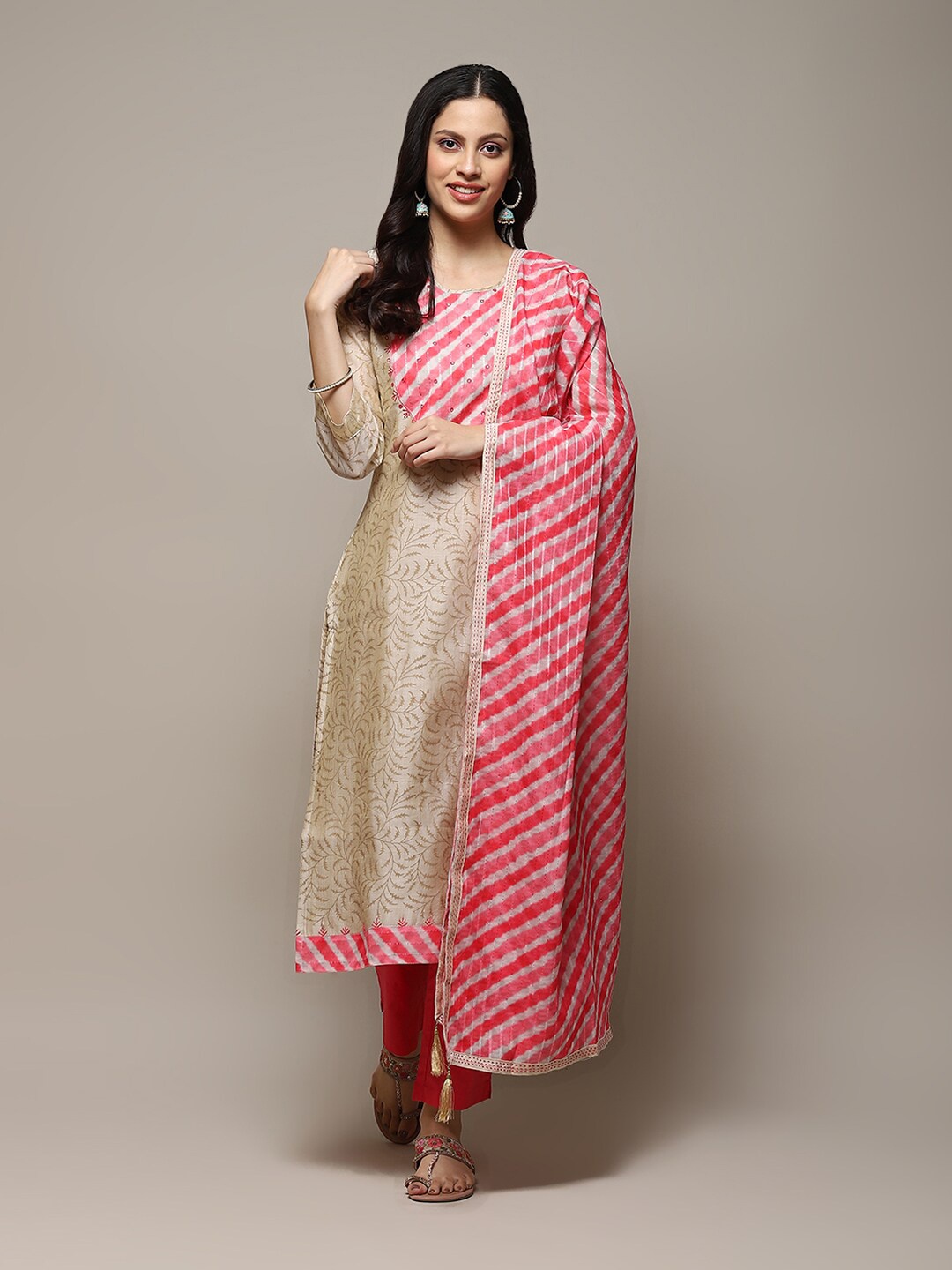 

Biba Floral Printed Mirror Work Unstitched Dress Material, Beige