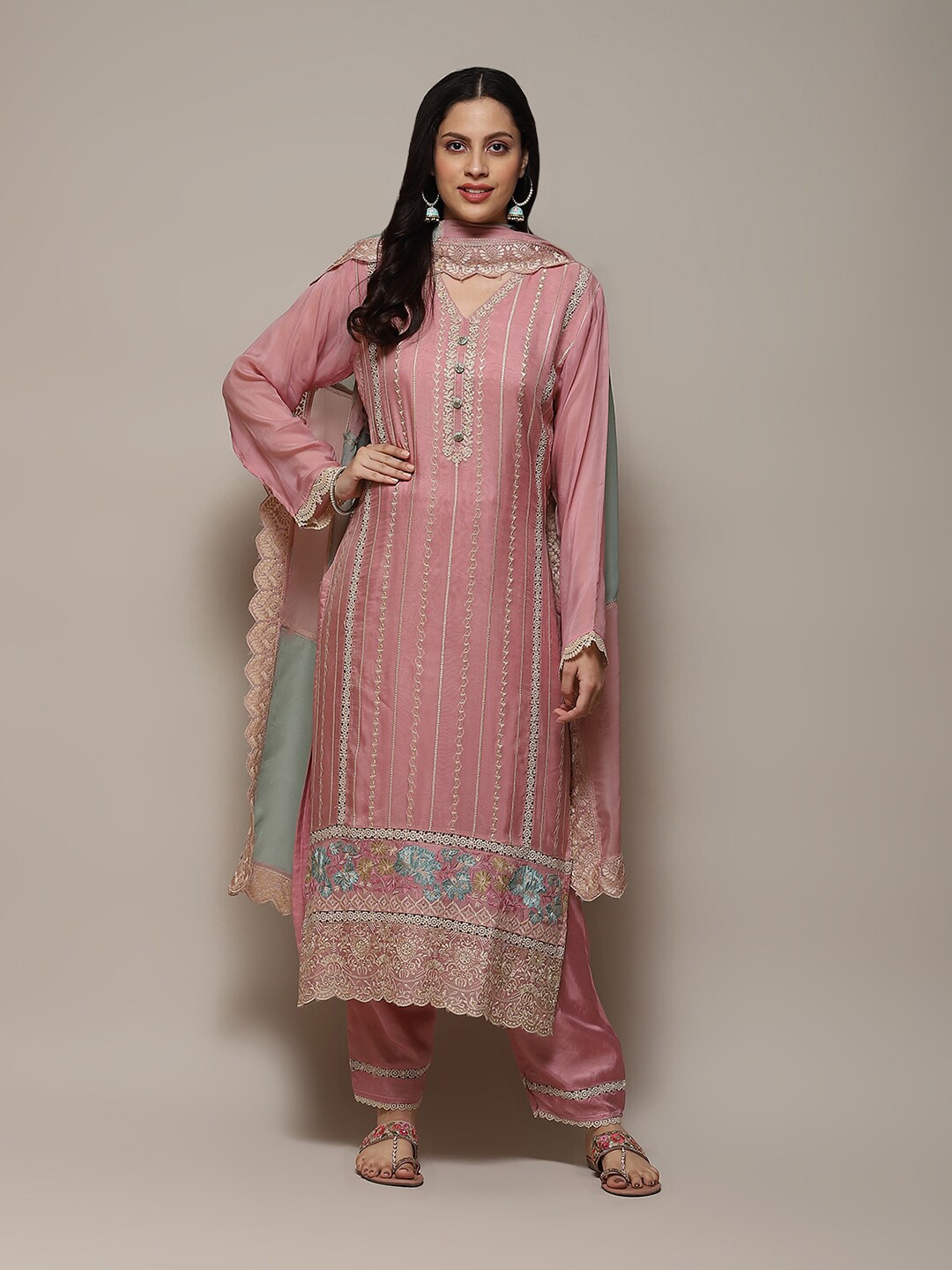 

Biba Ethnic Motifs Embroidered Organza Unstitched Dress Material, Pink