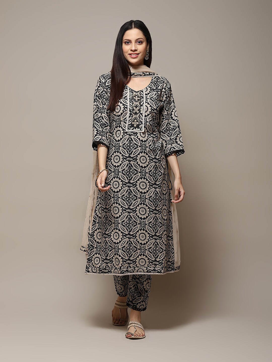 

Biba Floral Printed Unstitched Dress Material, Black