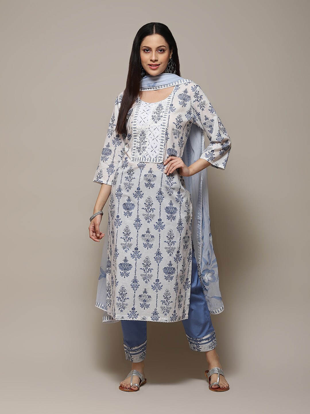 

Biba Ethnic Motifs Printed Sequinned Unstitched Dress Material, Blue