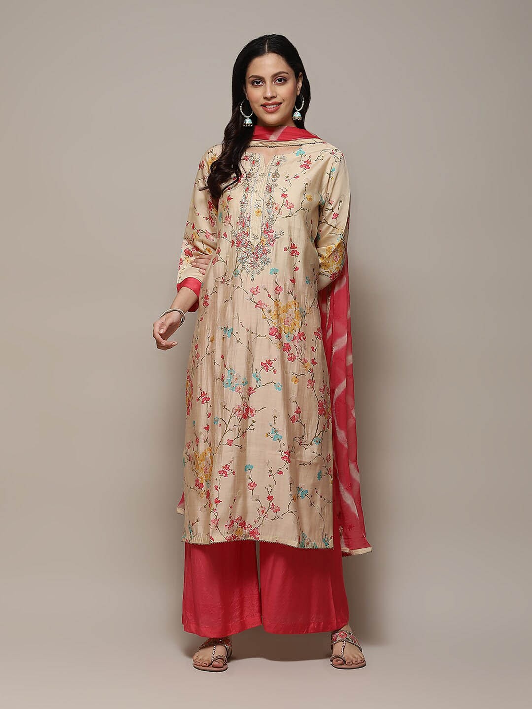 

Biba Floral Printed Beads & Stones Unstitched Dress Material, Off white
