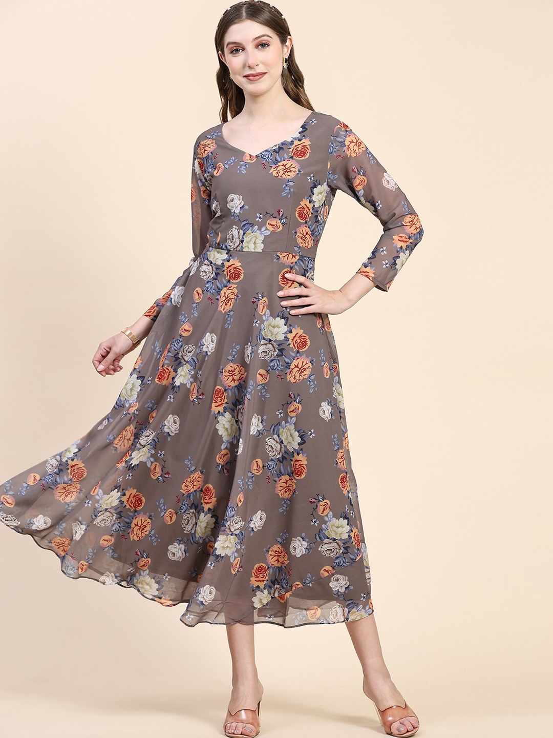 

KALINI Floral Printed V-Neck Fit & Flare Dress, Grey