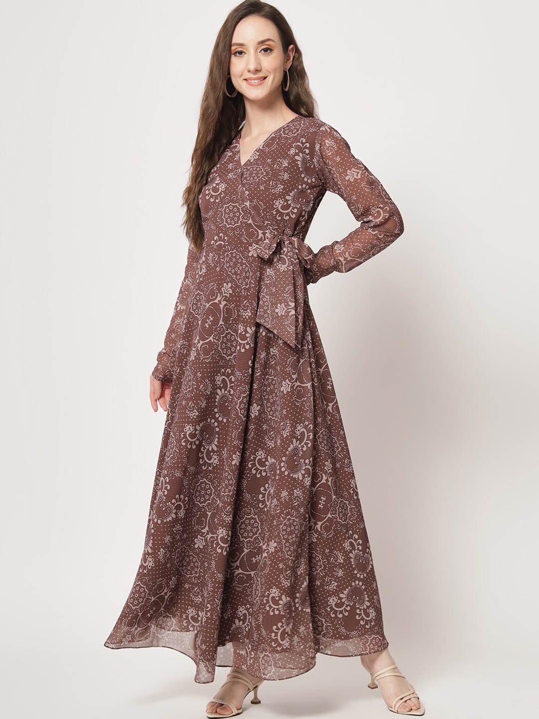 

KALINI Floral Printed V-Neck Tie-Ups Fit & Flare Maxi Dress, Brown