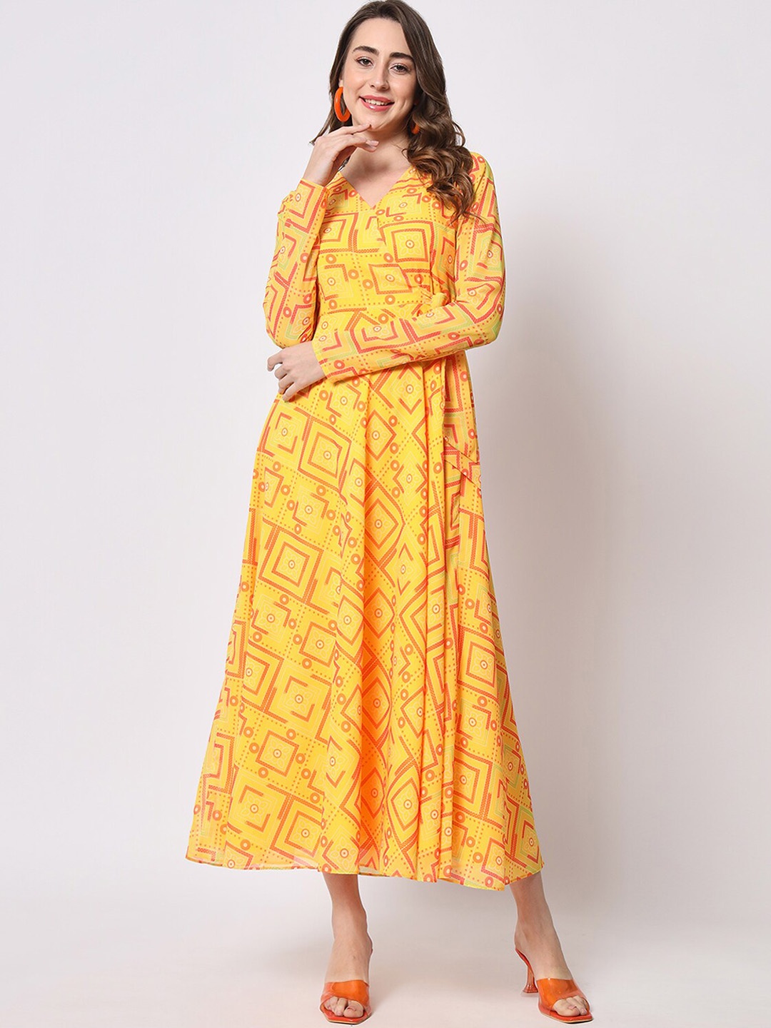 

KALINI Geometric Printed V-Neck Tie-Ups Fit & Flare Midi Dress, Yellow
