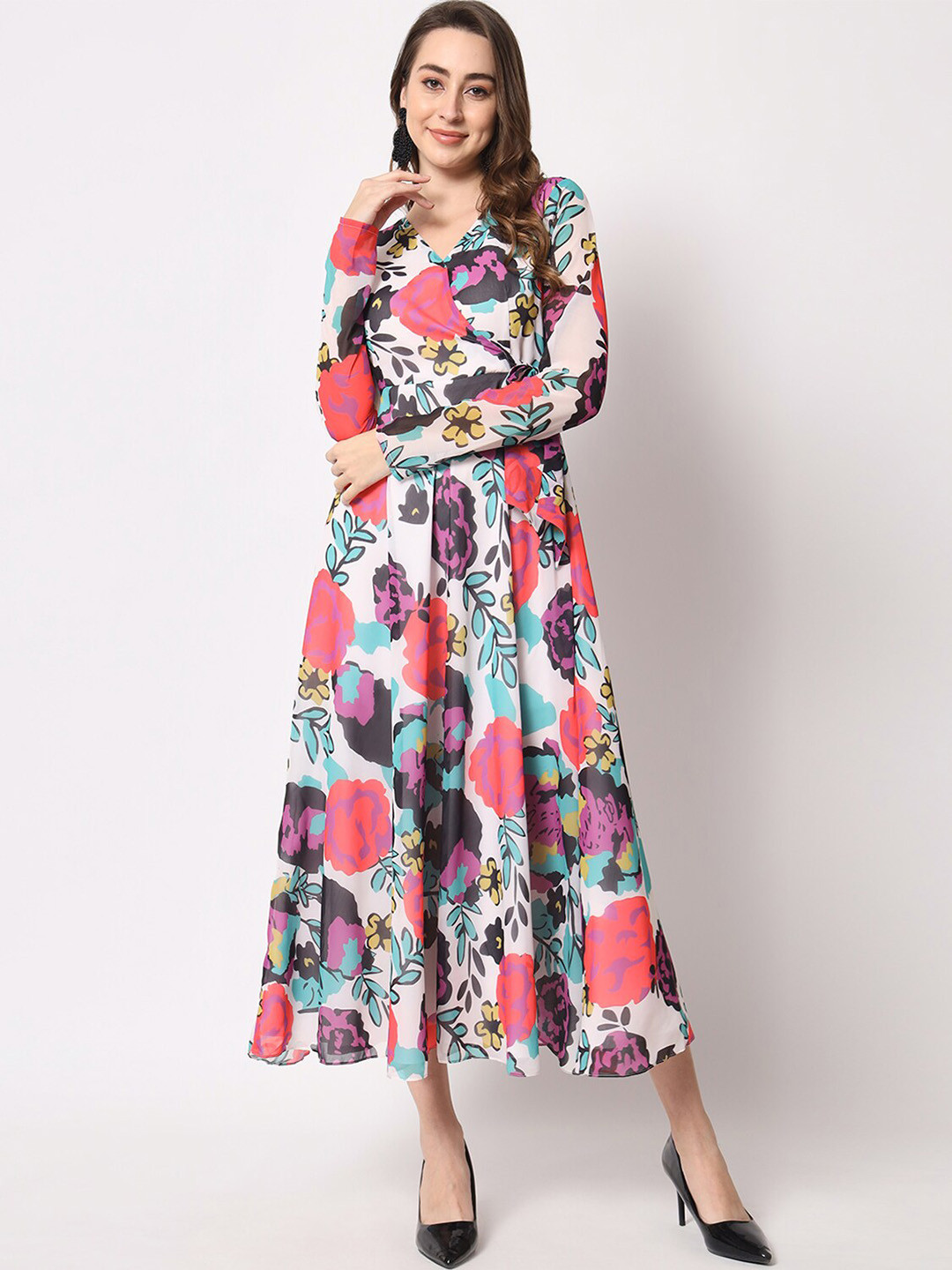 

KALINI Floral Printed Tie-Ups Georgette Fit & Flare Dress, White