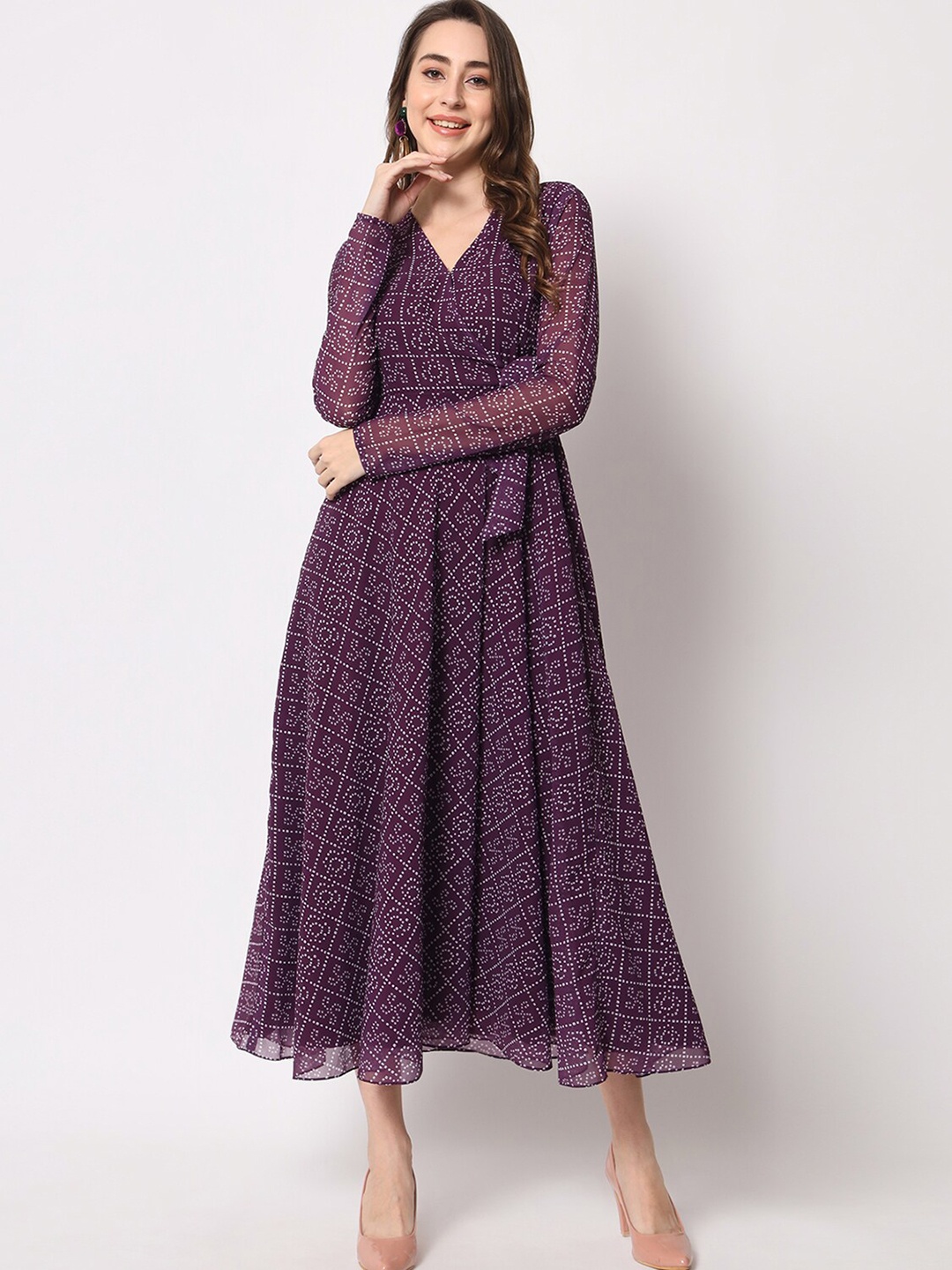 

KALINI Bandhani Ethnic Motifs Printed Tie-ups Fit & Flare Midi Dress, Purple