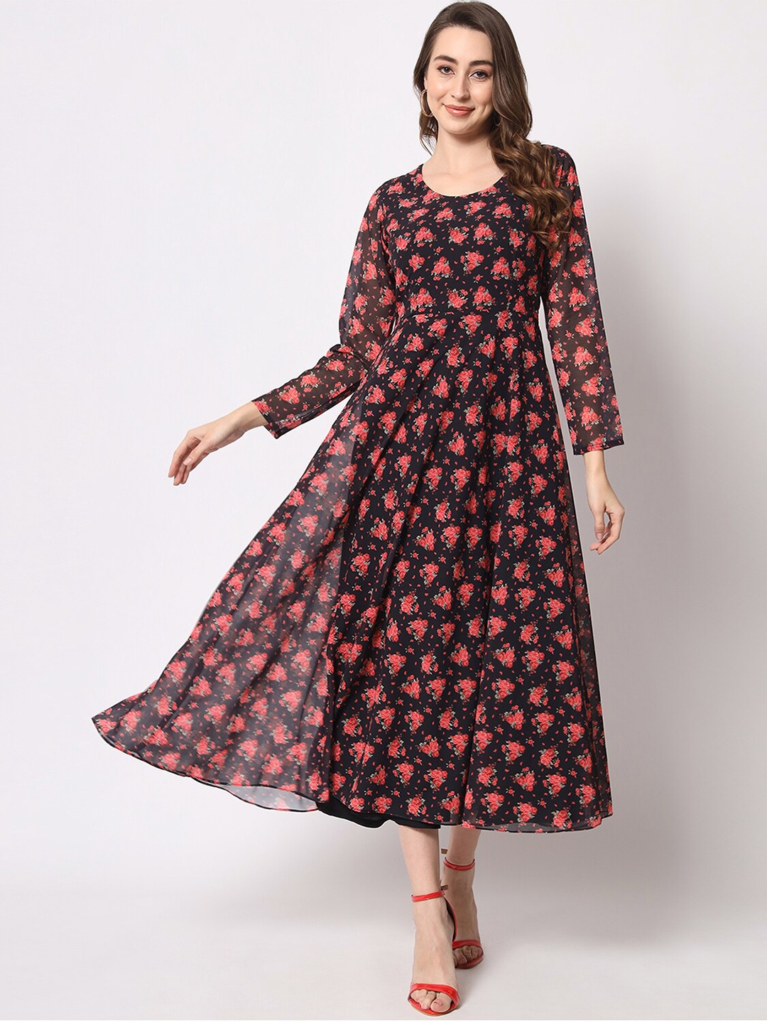 

KALINI Floral Printed Gathered Fit & Flared Midi Dress, Black